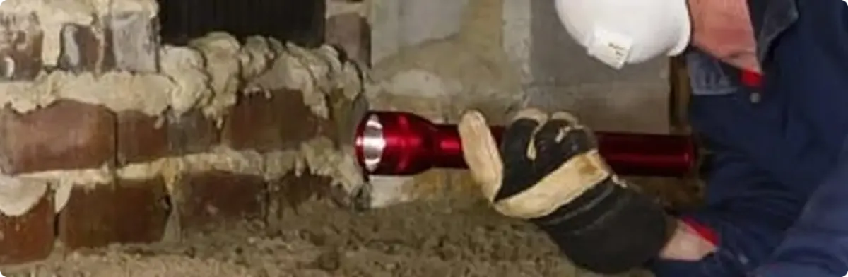 Pest control technician inspecting a crawl space for ant activity in Winnabow, NC